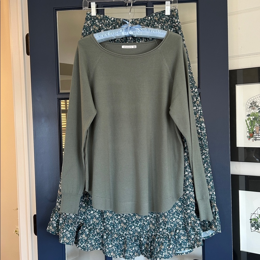 BoHo maxi skirt & sweater lightweight green sweater Floral Prairie skirt Unworn - Picture 3 of 6